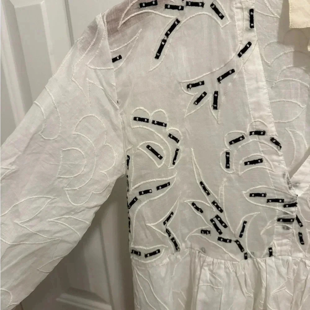 Amit Aggarwal Anthropologie Ramona Embroidered White Babydoll Top SIZE XSMALL - Picture 8 of 13